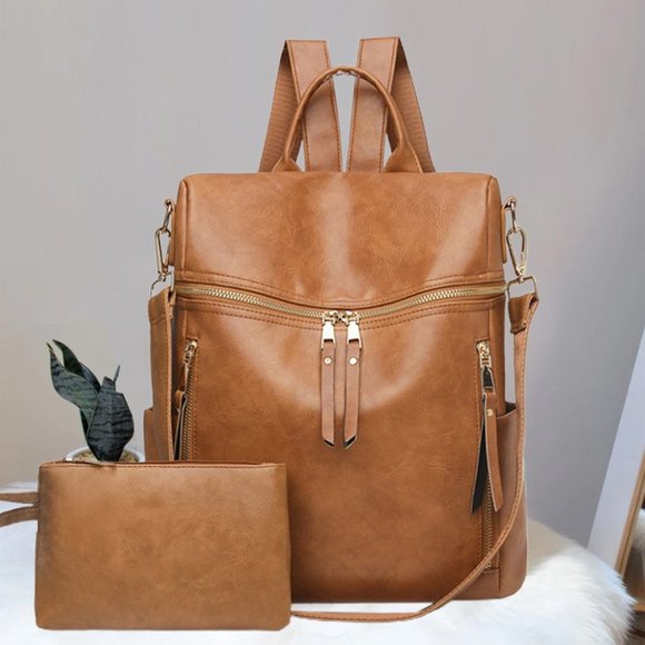 Brown Vegan Leather Backpack - Picture 2 of 5